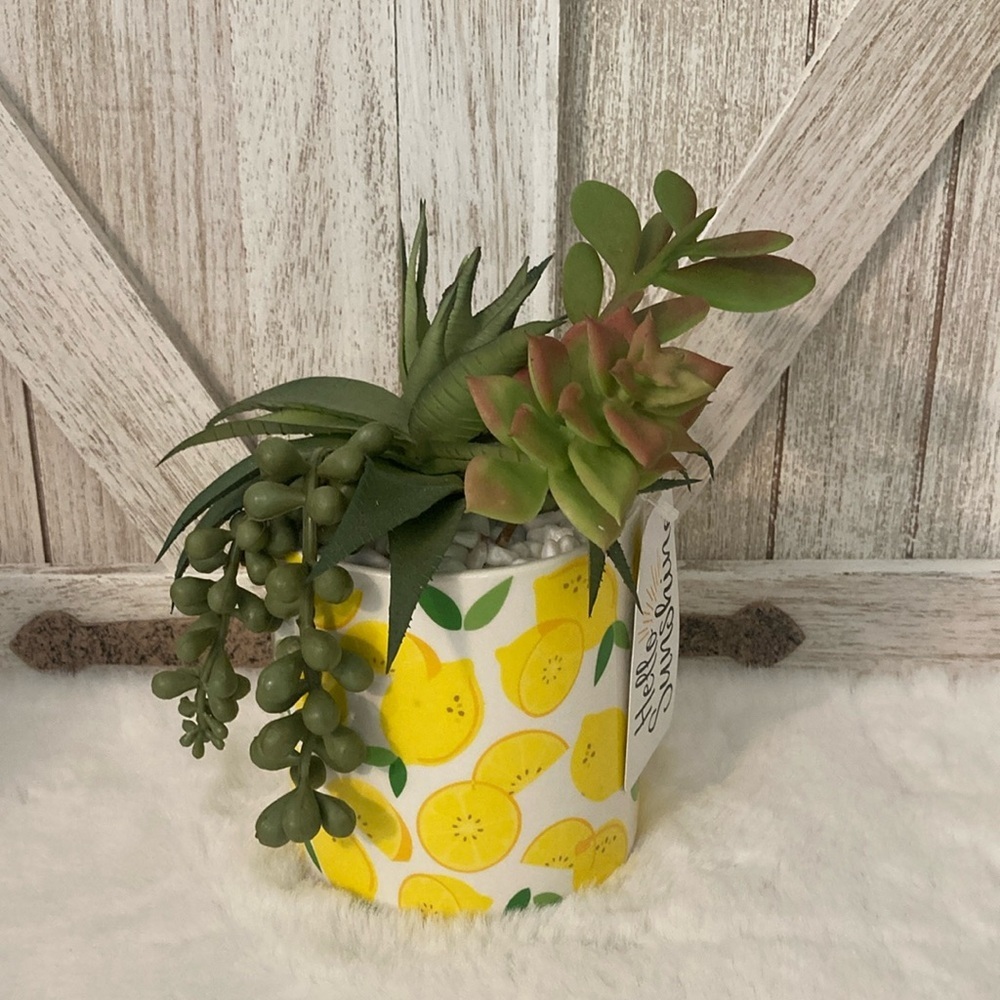 Ceramic Lemon Planter with Faux Succulents